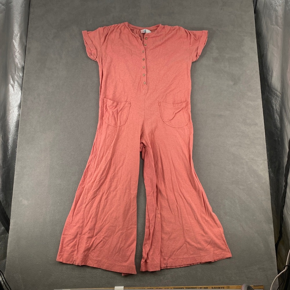 Free People Beach Coral Pink Henley‎ Wide Leg Jumpsuit XS Short Sleeve Slub Knit